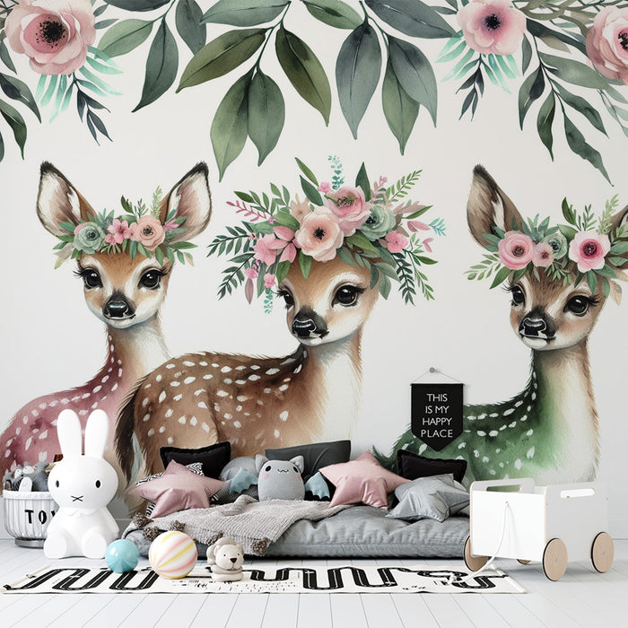 Nursery Mural Wallpaper | Cute Deer and Colorful Watercolor Flowers
