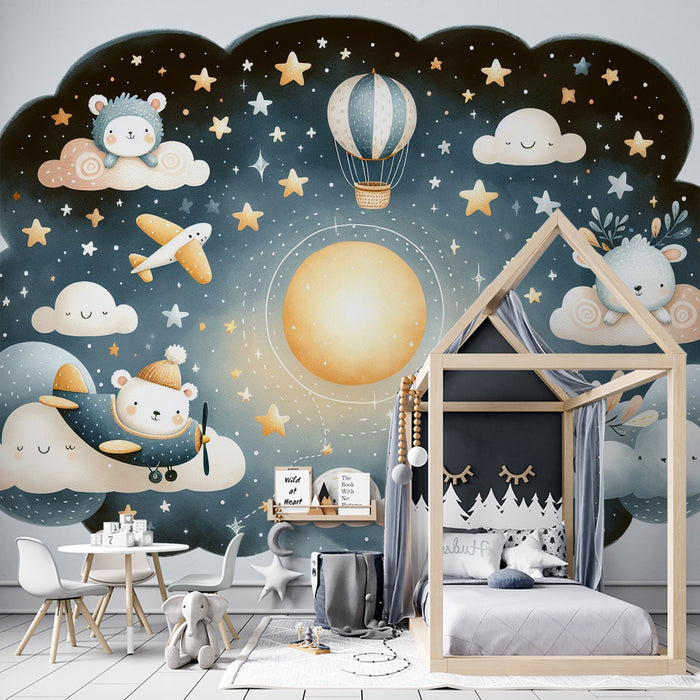 Baby Room Mural Wallpaper | Stars, Teddy Bears, and Airplanes on a Midnight Blue Background