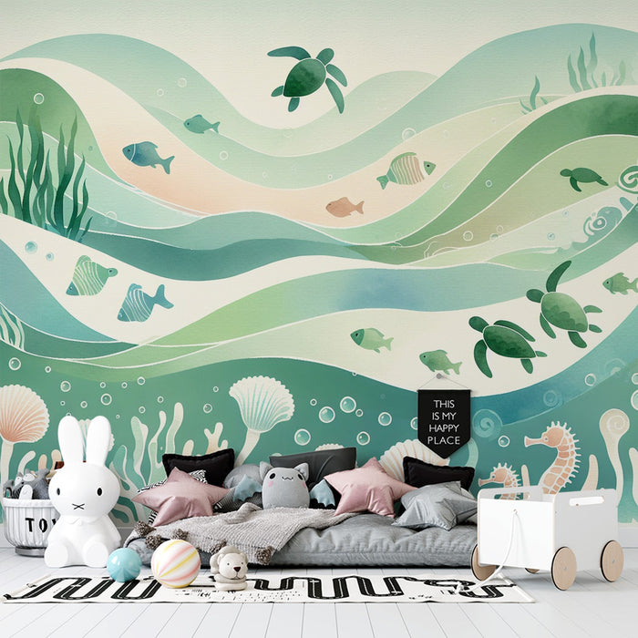Baby room Mural Wallpaper | Underwater, green watercolor turtles and fish