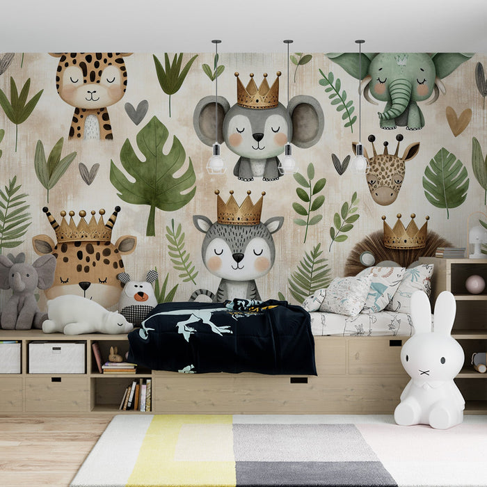 Lasten makuuhuoneen seinätapetti | Viidakk eläimet kuninkaan kruunuella