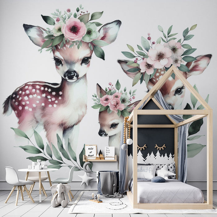 Children's Bedroom Mural Wallpaper | Watercolor Deer with Flower Crown
