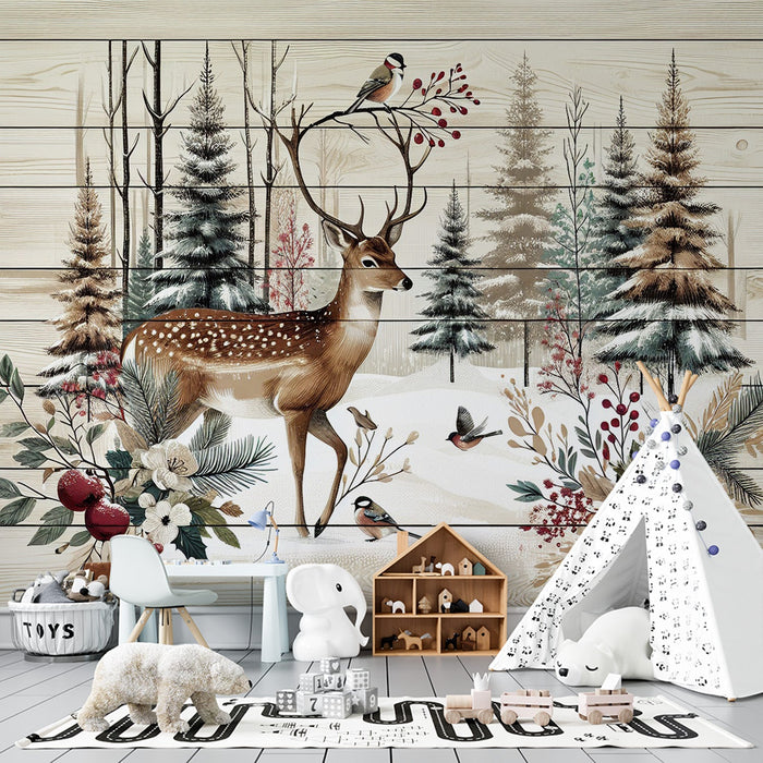 Children's Bedroom Mural Wallpaper | Deer and Forest on Wood-Effect Background