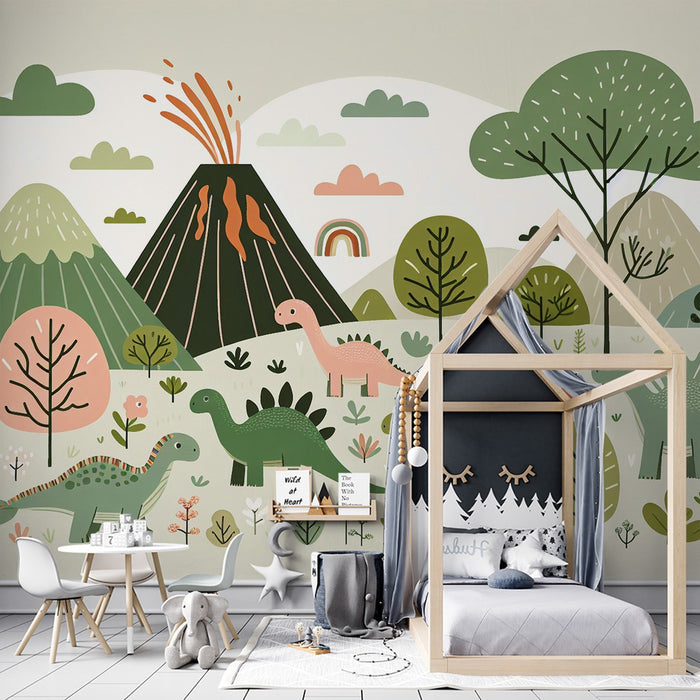 Children's Bedroom Mural Wallpaper | Dinosaurs and Volcanic Eruption