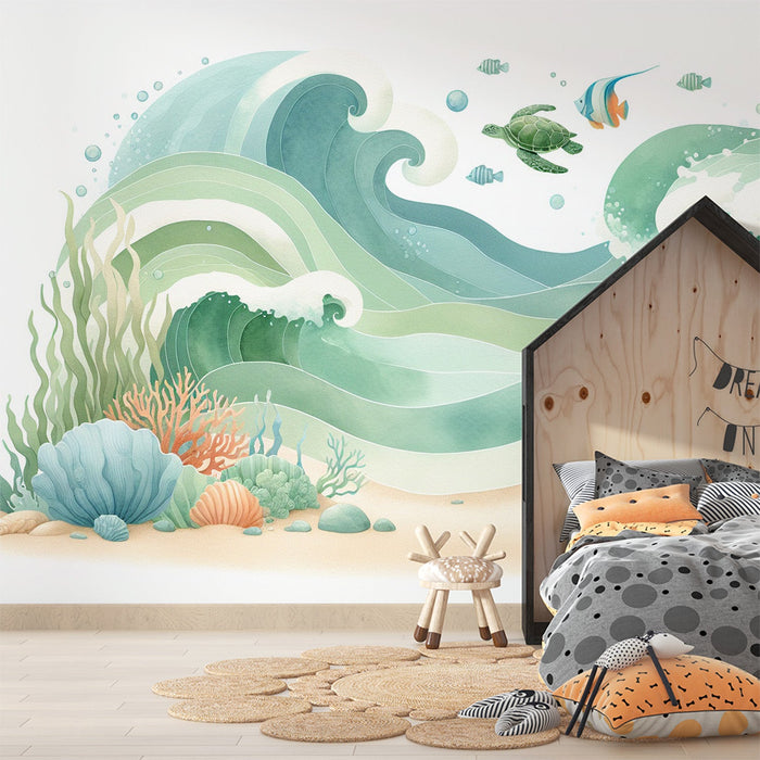 Papel pintado para habitación infantil | Bajo el agua, caballitos de mar, tortuga y corales