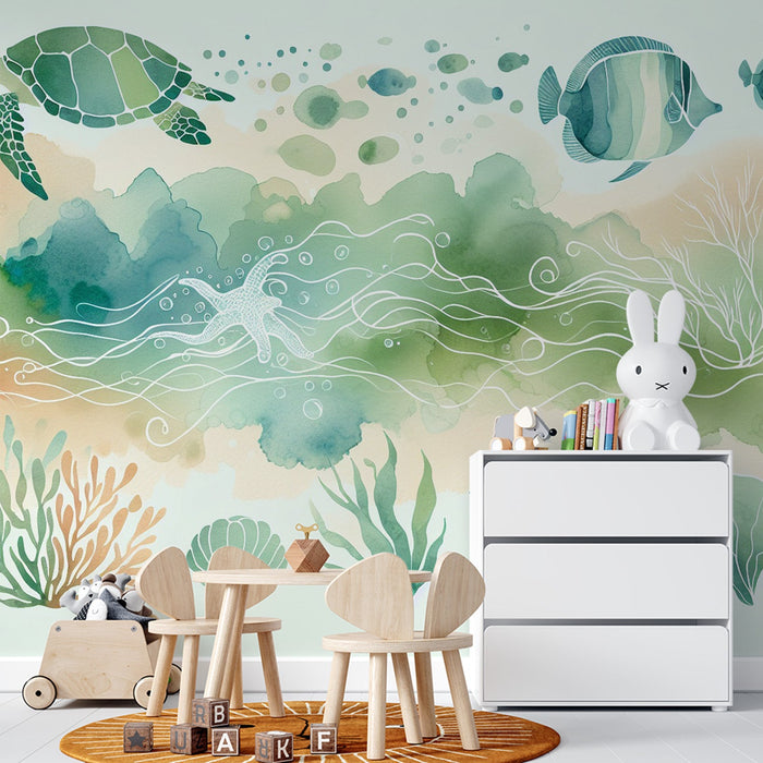 Papel pintado de dormitorio infantil | Fondo submarino con tortuga, peces y caballitos de mar