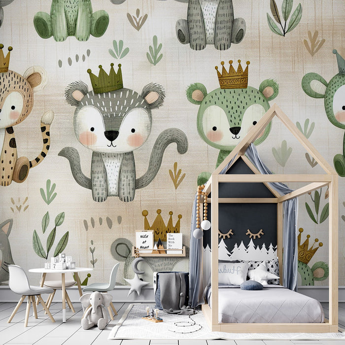 Papel de parede mural para quarto de crianças | Leão, urso e gato com coroa