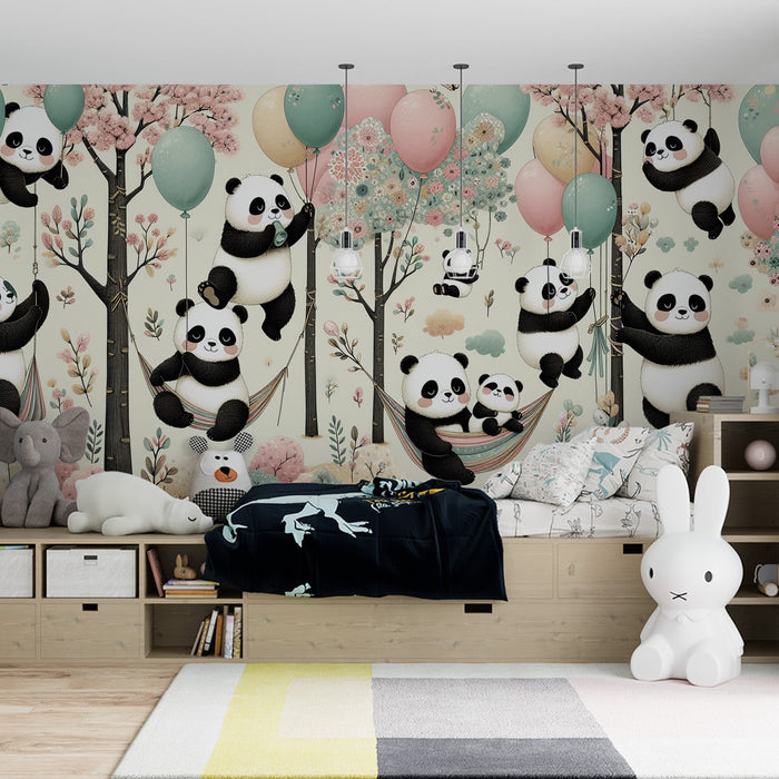 Children's bedroom Mural Wallpaper | Pandas, balloons, and hammocks in the trees