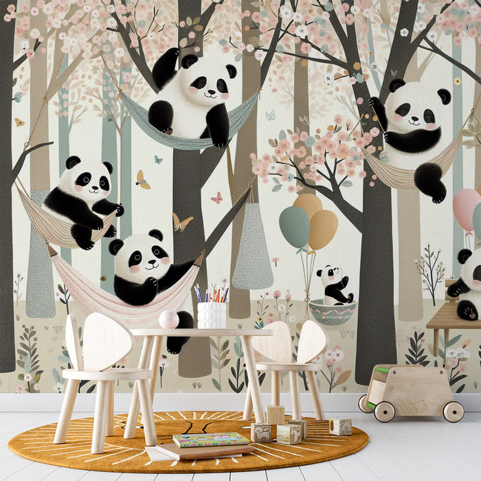 Children's bedroom Mural Wallpaper | Pandas lounging in hammocks