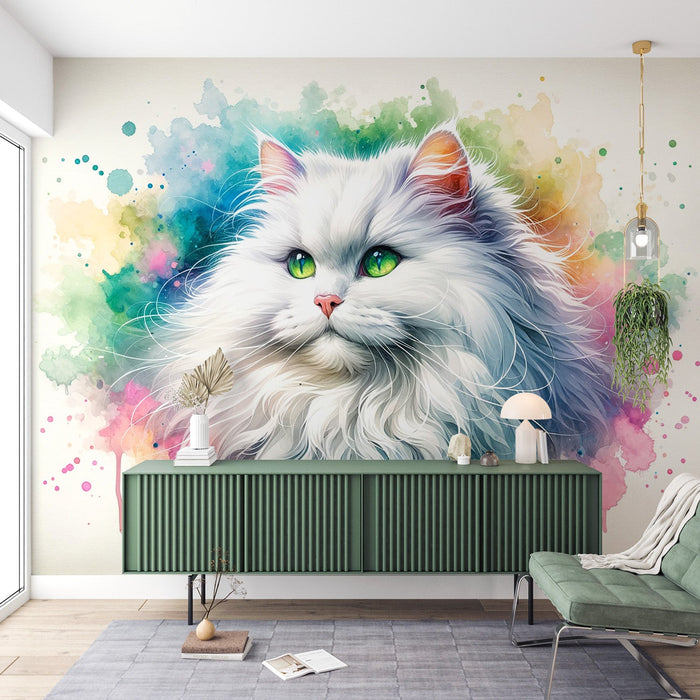 Cat Mural Wallpaper | Green-eyed Angora on Colorful Watercolor