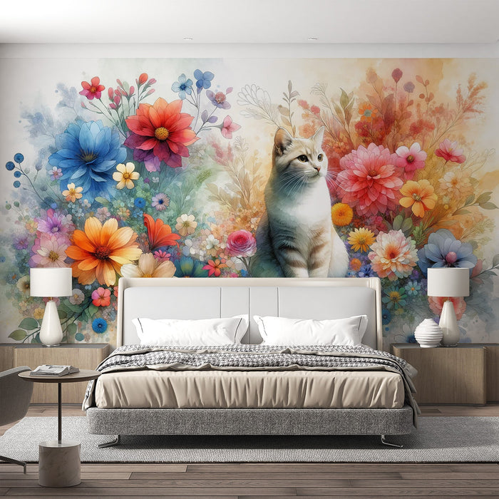 Papel pintado de mural de gato | Acuarela de flores multicolores