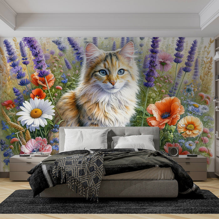 Papel pintado de mural de gato | Campos de flores acuarela