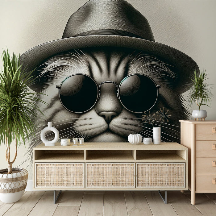 Cat Mural Wallpaper | Black and White with Glasses