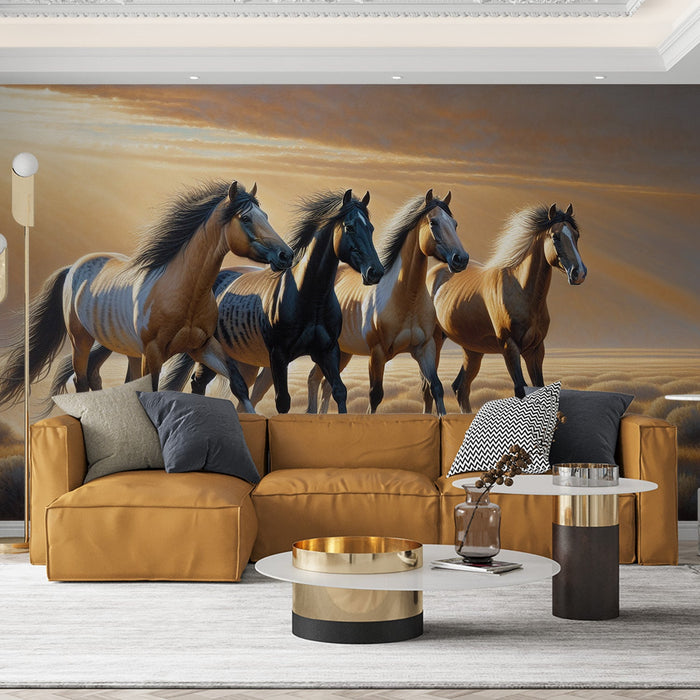 Papel de parede com mural de cavalos | 4 cavalos caminhando na natureza