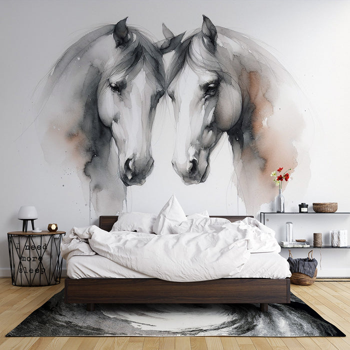 Papel pintado de mural de caballos | Acuarela de una pareja de caballos cara a cara
