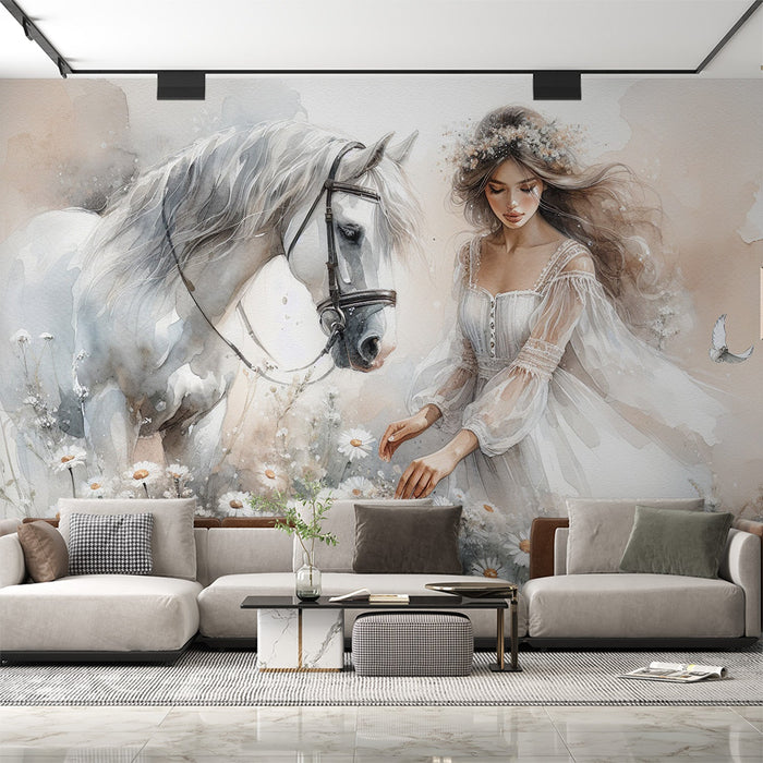 Hevonen Mural Tapetti | Naisen ja hevosen vesivärimaalaus luonnossa