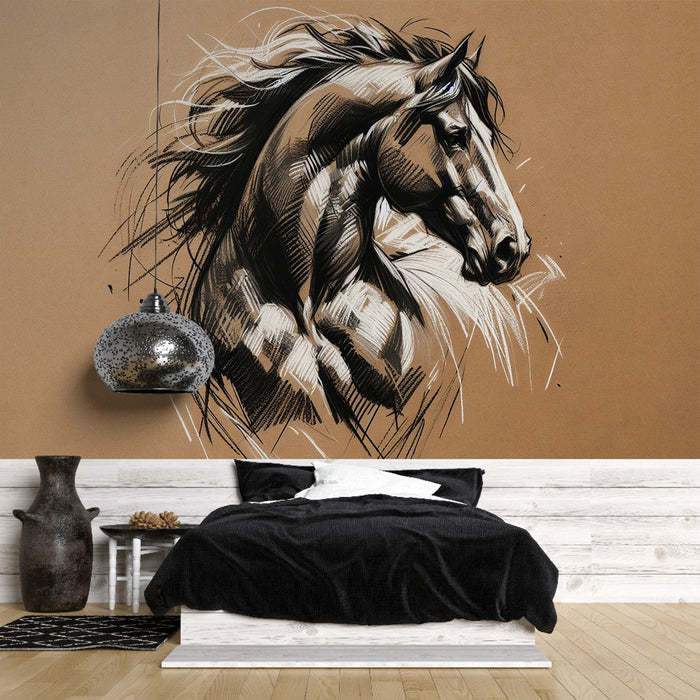 Mural Wallpaper horse | Bust of a horse in white and black chalk