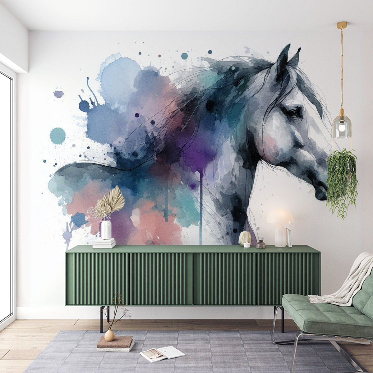 Hest Fototapet | Fargerik Akvarell Hvit Hest Byste — WonderMural, image size:1200x1200