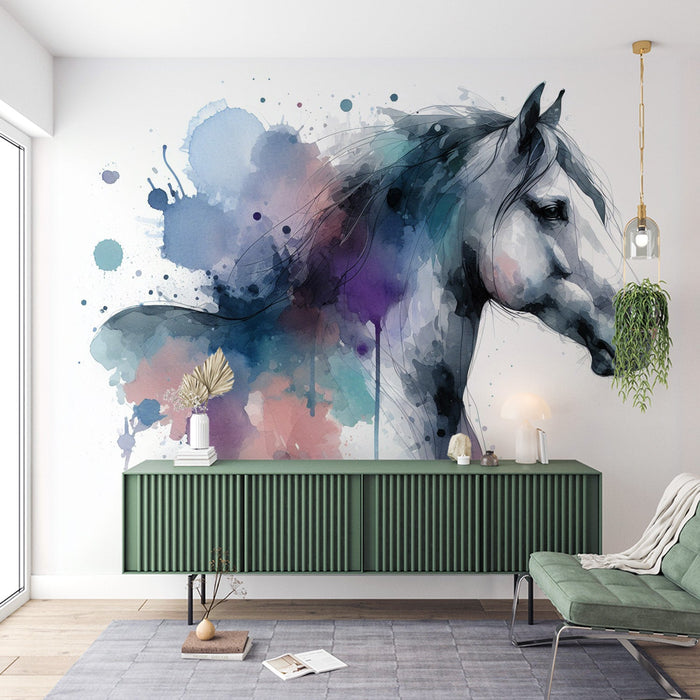 Papel de parede de mural de cavalo | Busto de cavalo branco em aquarela colorida