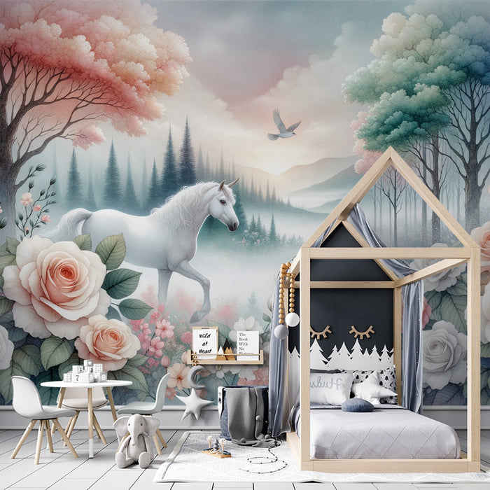 Papel de parede com mural de cavalos | Decoração encantadora com rosas e floresta
