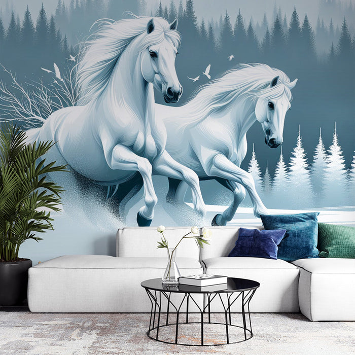Papel pintado de mural de caballos | Dúo de caballos blancos en un bosque de abetos