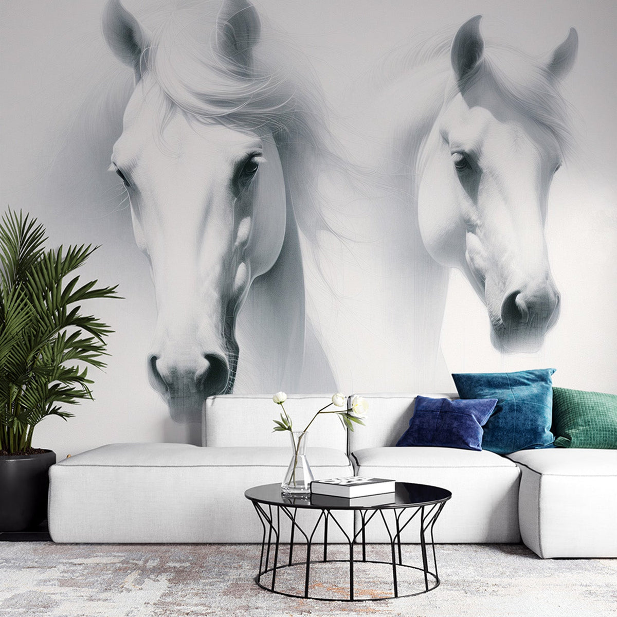 Hest Fototapet | Hvit Hest Duo på Hvit Bakgrunn — WonderMural, image size:1200x1200