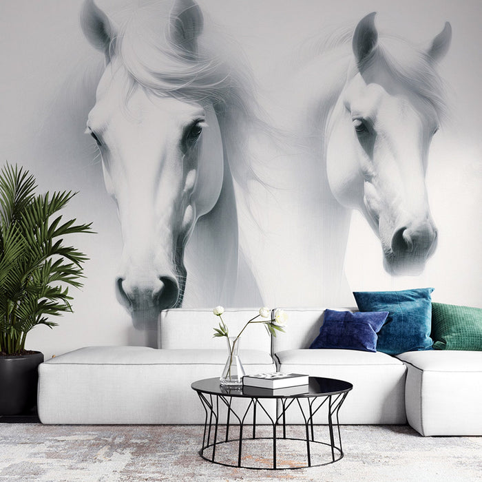Papel pintado de mural | Dúo de caballos blancos sobre fondo blanco