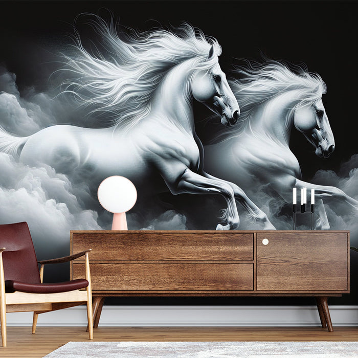 Papel pintado de caballos | Dúo de caballos blancos cruzando una nube
