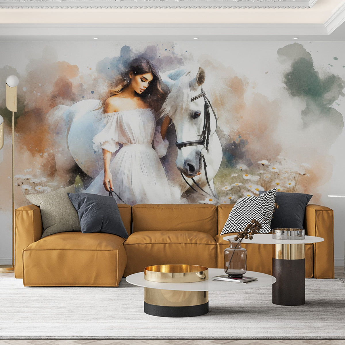 Fototapet hest | Kvinne og hest i en blomstereng — WonderMural, image size:1200x1200