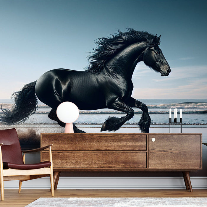Papel pintado de mural de caballos | Gran caballo negro en la playa
