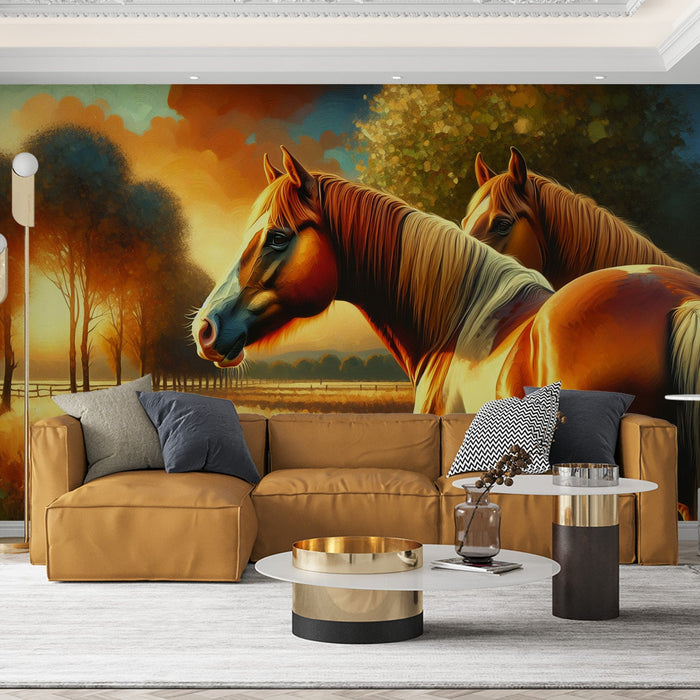 Papel pintado de mural de caballos | Pintura al óleo en el campo al atardecer