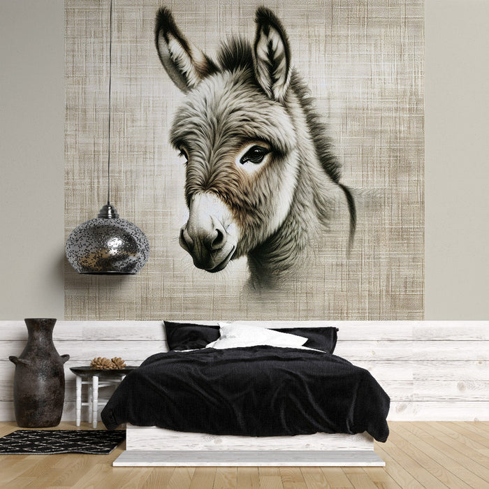 Horse Mural Wallpaper | Donkey Head on Canvas Background