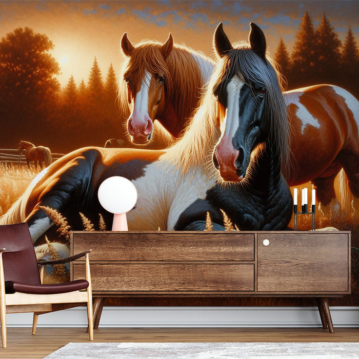 Papel pintado de caballos | Manada de caballos en el campo al atardecer