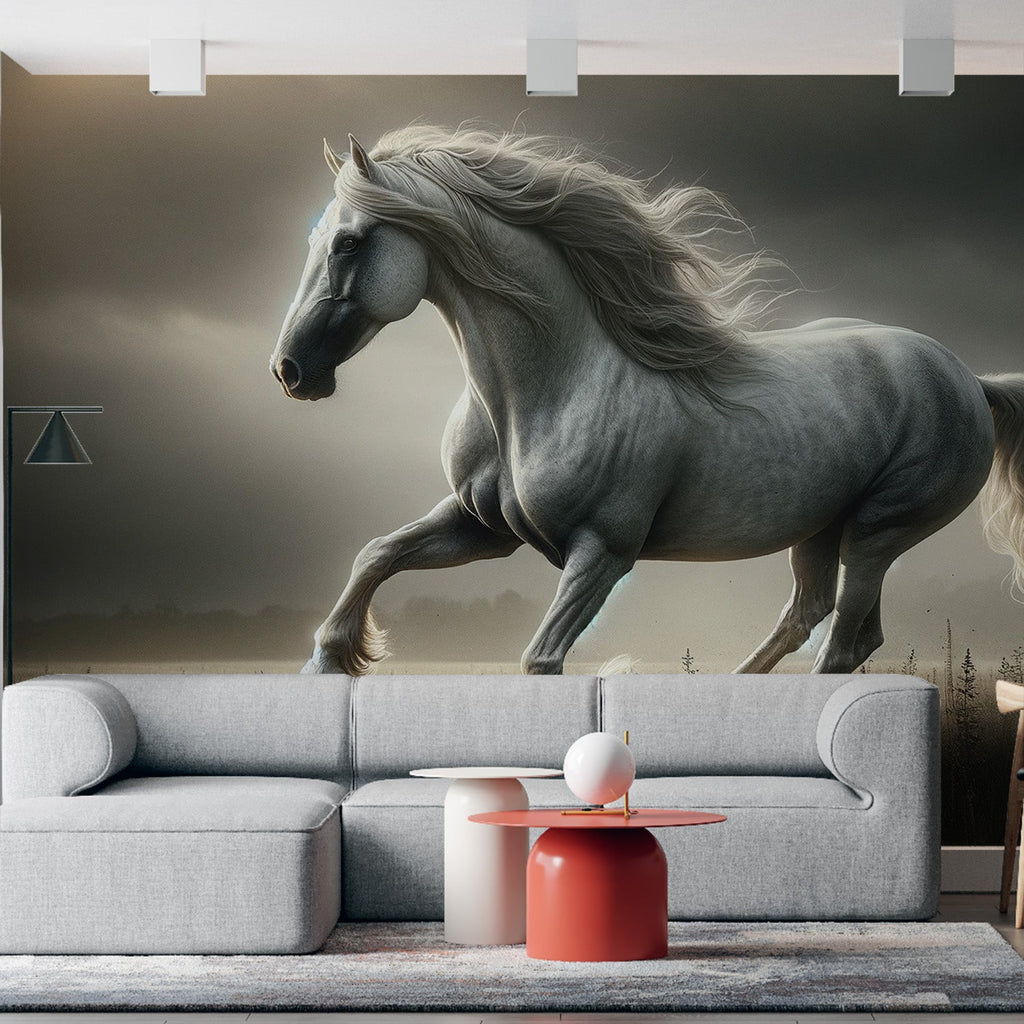 Hvit hest Fototapet | Muskuløs løping — WonderMural, image size:1024x1024