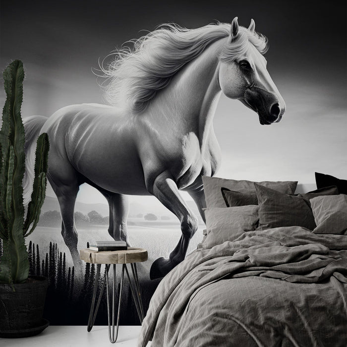 White horse Mural Wallpaper | Running with the mane in the wind
