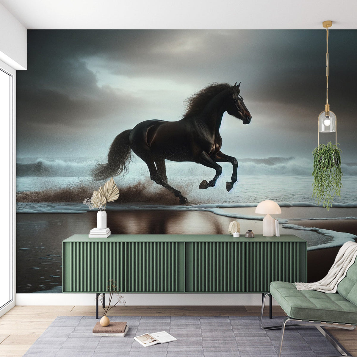 Svart hest fototapet | Galopperer på den dekkede stranden — WonderMural, image size:1200x1200