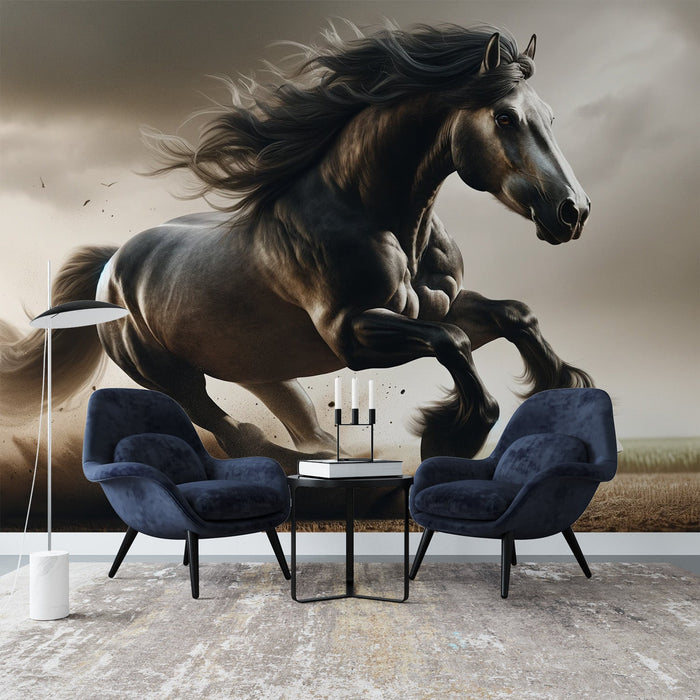 Black Horse Mural Wallpaper | Powerful Running Horse