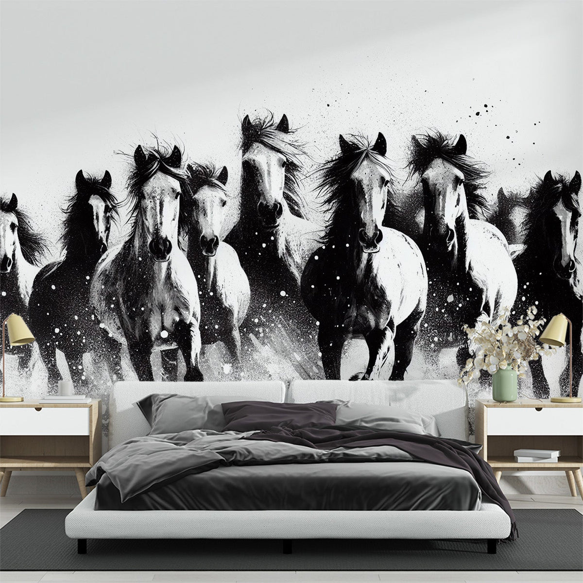 Carta da parati cavallo bianco e nero | Mandria al galoppo completo —  WonderMural, image size:1200x1200