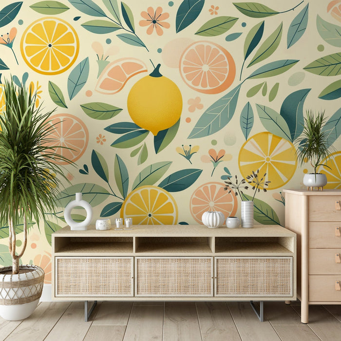 Yellow Lemon Mural Wallpaper | Flying Citrus and Foliage