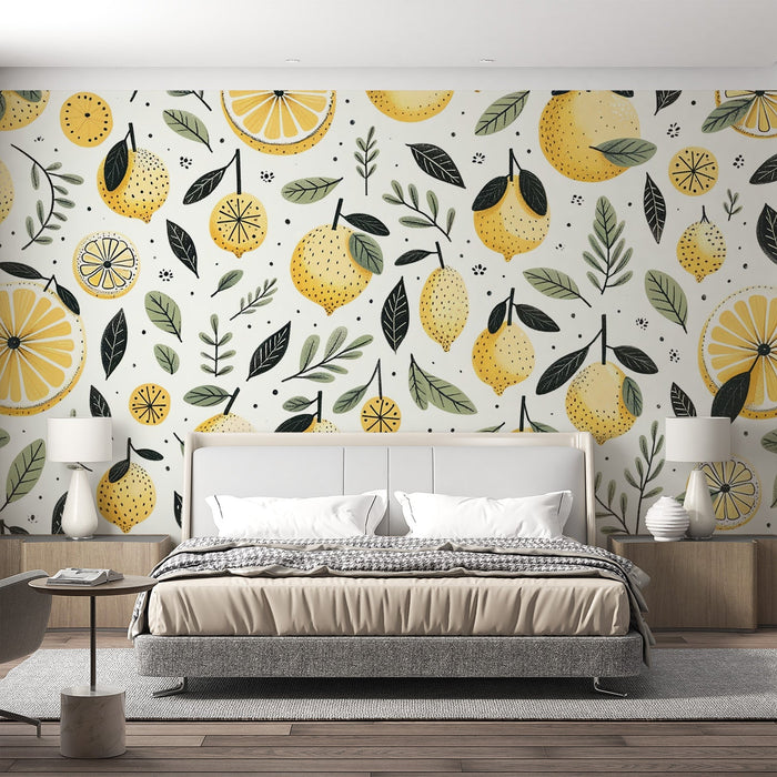 Yellow Lemon Mural Wallpaper | Black Dotted Lemons