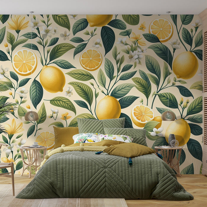 Gele Citroen Foto Behang | Groen en Bloemig Bladwerk