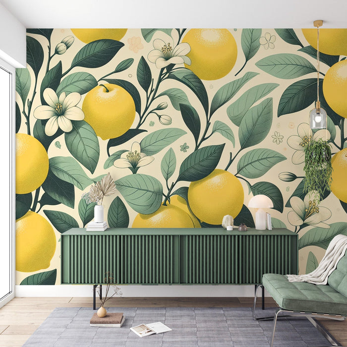 Yellow Lemon Mural Wallpaper | Green Leaves and Lemon Blossoms