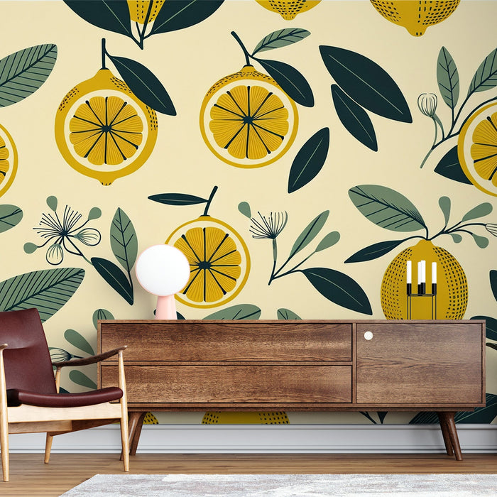 Papel de parede com limão amarelo | Padrões de folhas verdes e limões cortados