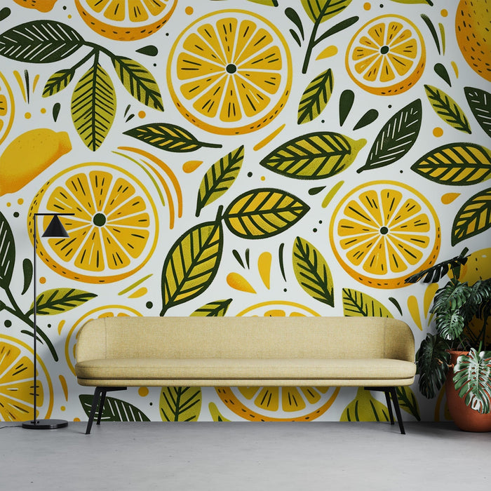 Yellow Lemon Mural Wallpaper | Retro-style Vibrant Patterns