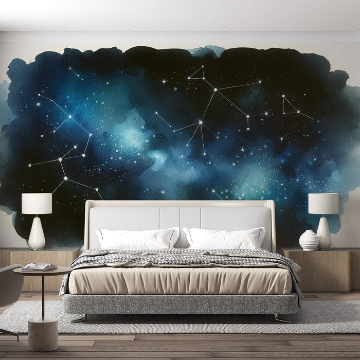 Constellation Mural Wallpaper | Blue Night Watercolor with White Stars