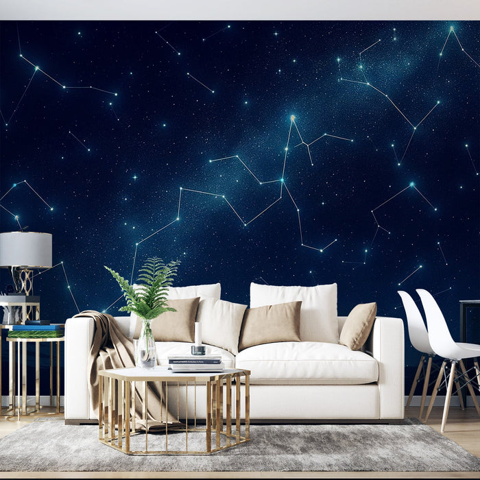 Constellation Mural Wallpaper | Midnight Blue and Starry Line