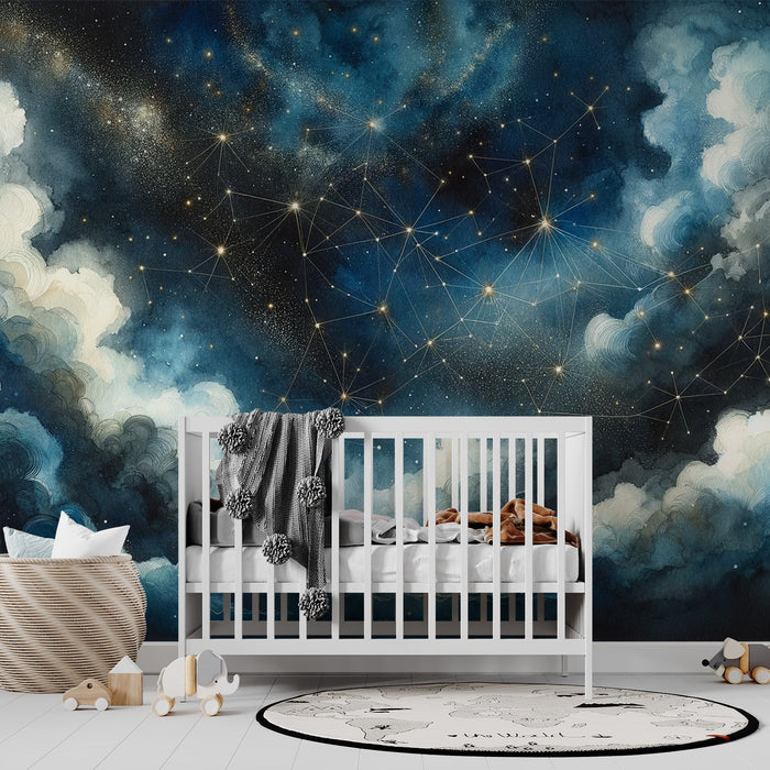 Papel pintado de constelación | Nubes y estrellas doradas