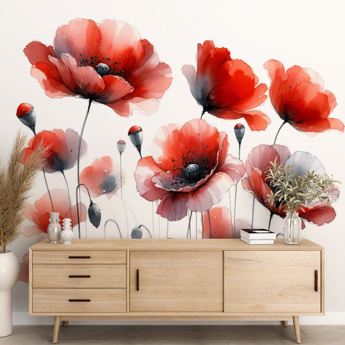 Poppy Mural Wallpaper | Red Watercolor on White Background