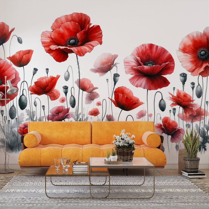 Valmue Tapet | Akvarell Röda Knoppar och Blommor