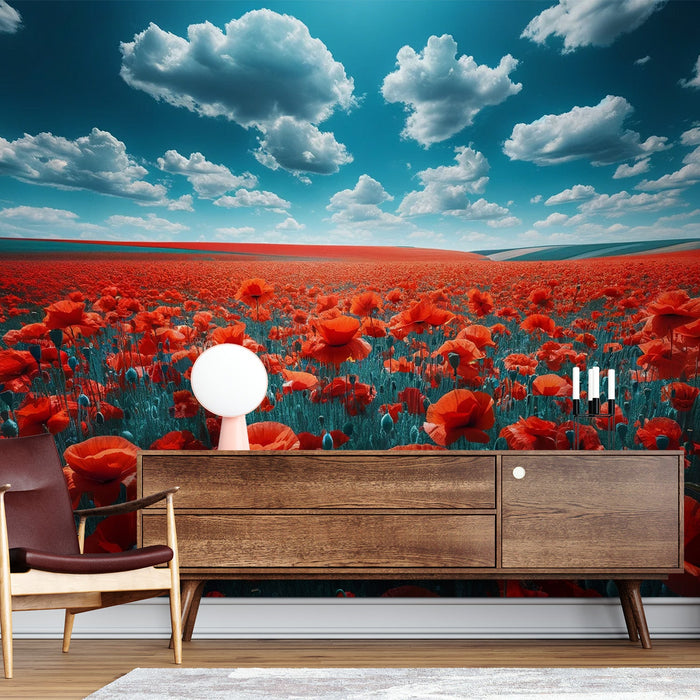 Poppy Mural Wallpaper | Fields of Red Poppies and Cloudy Sky