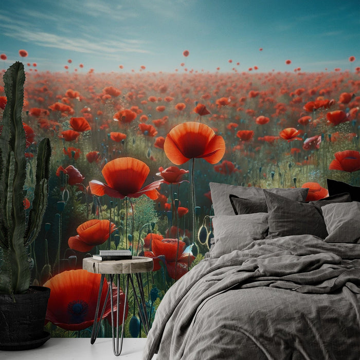 Poppy Mural Wallpaper | Red and Green Poppy Fields